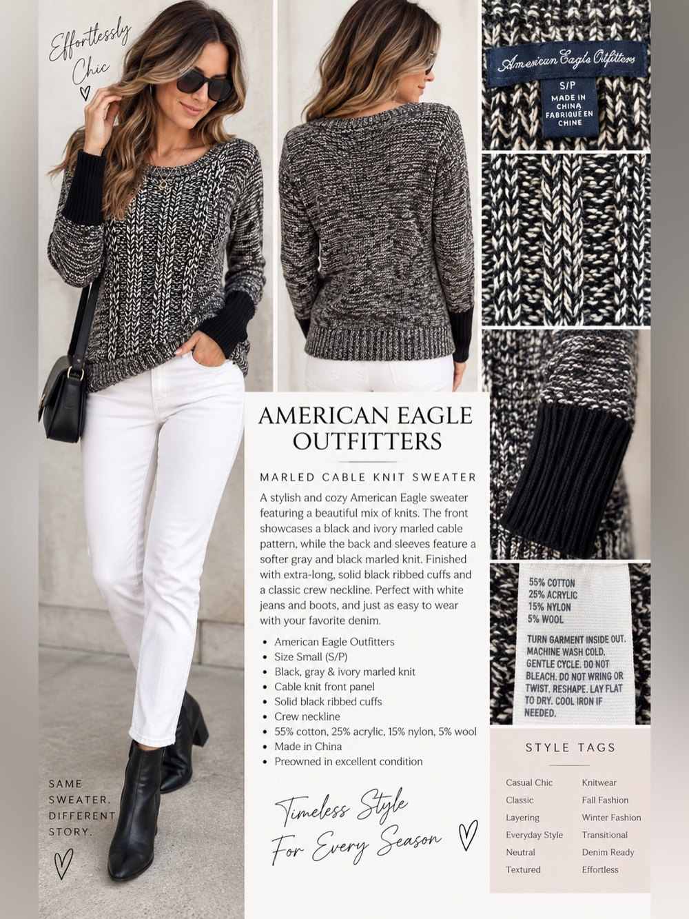 American Eagle Black White Marled Cable Knit Sweater Size S
